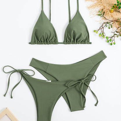 3-Pieces Two Style Bottom Triangle Bikini Sets, High Cut Solid Color Two Piece Swimsuit, Women's Swimwear